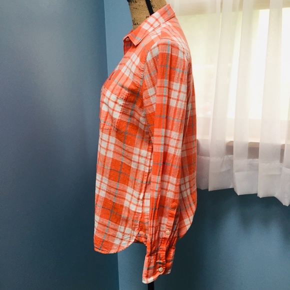 J Crew Coral Plaid Cotton Popover Top - Picture 5 of 6